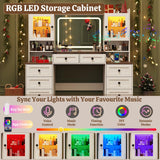 jiteentarou 60" Large Farmhouse Vanity Desk with LED Mirror, Lights and Charging Station, Glass Top Makeup Vanity Table w/8 Drawers, LED Glass Storage Cabinet, Dressing Table for Bedroom, Rustic White jiteentarou