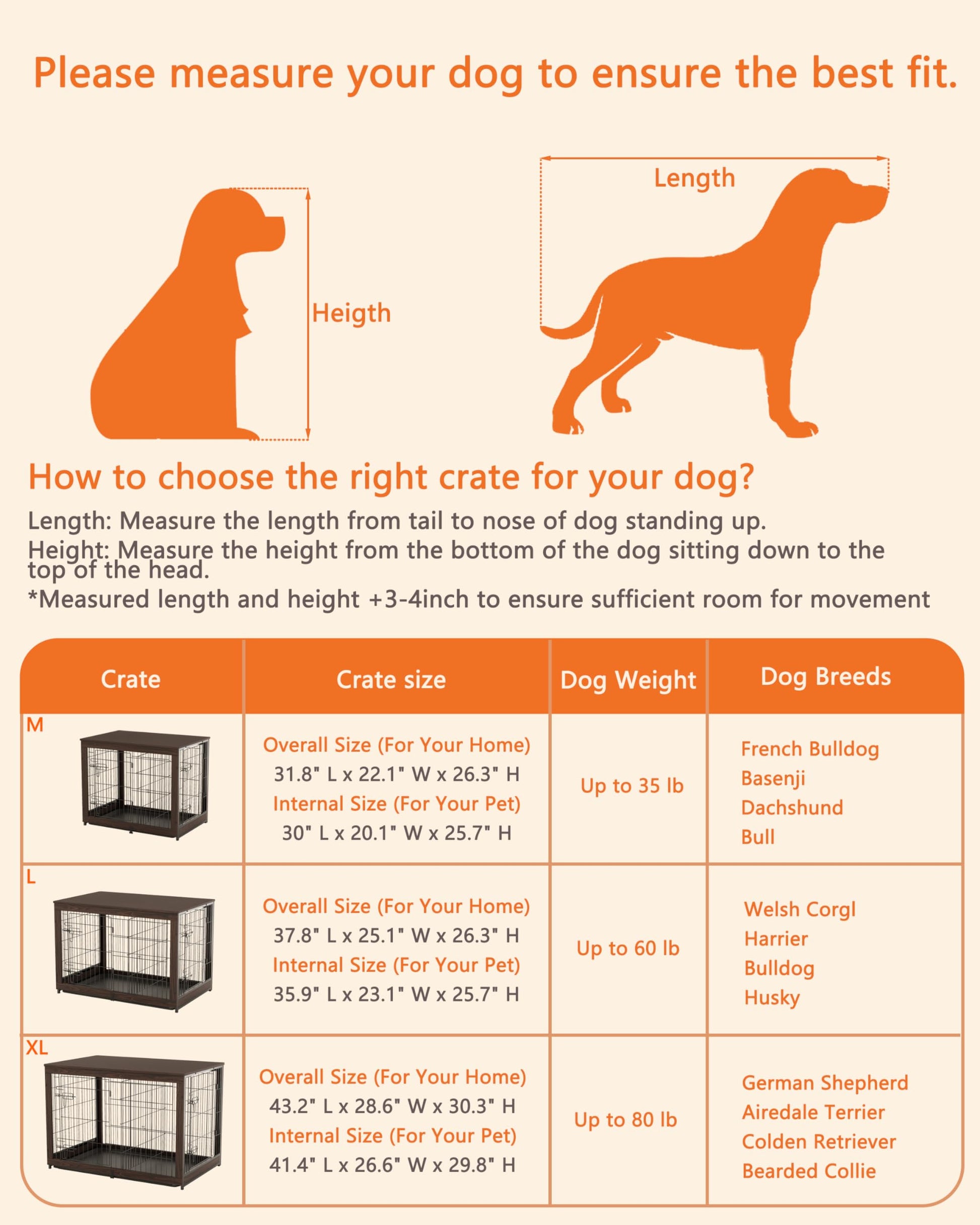 Piskyet Wooden Dog Crate Furniture with Divider Panel, Dog Crate End Table with Fixable Slide Tray, Double Doors Dog Kennel Indoor for Large Dogs(L:37.8 * 25.1 * 26.3inch,Brown Walnut) - WoodArtSupply