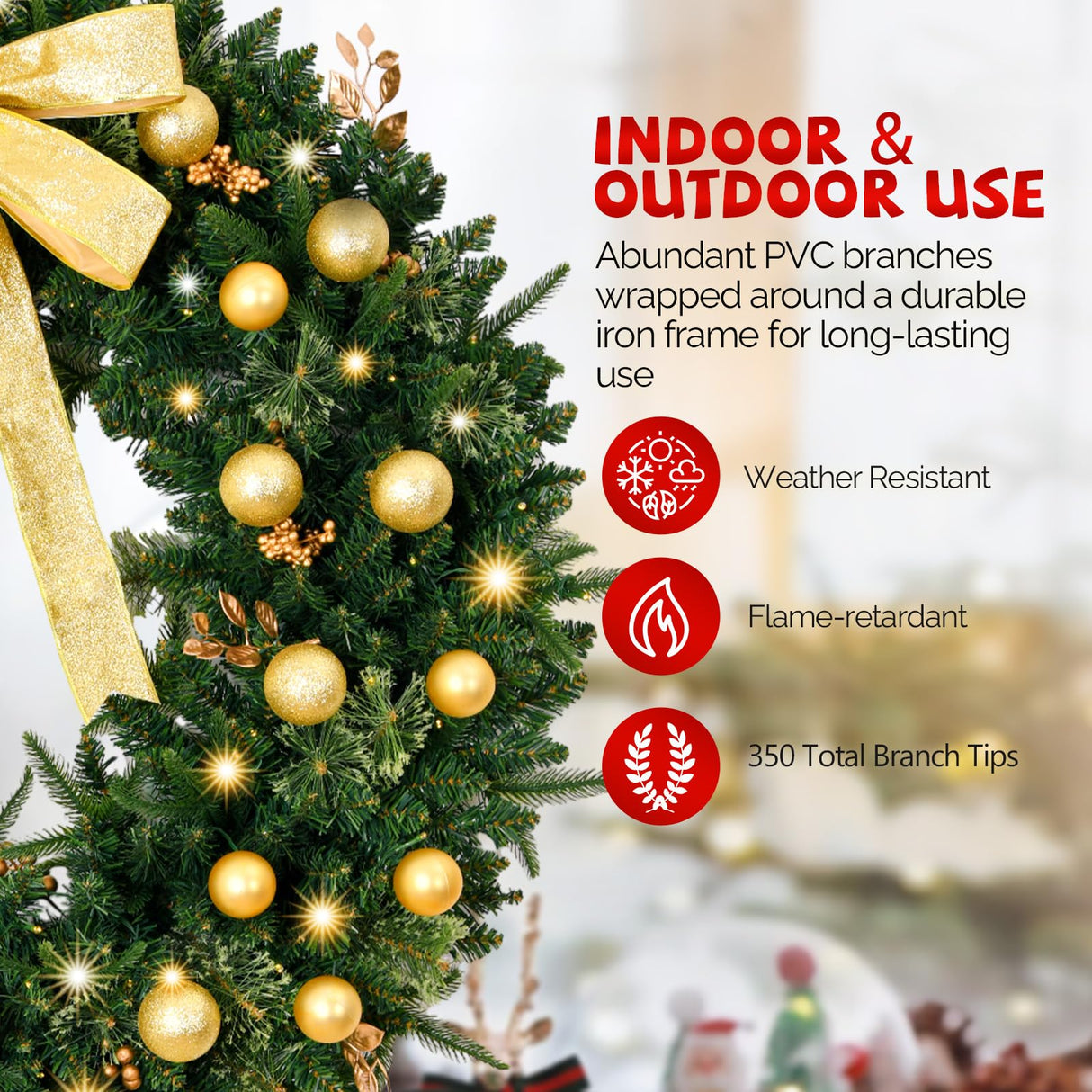 VINGLI 36 Inch Prelit Christmas Wreath, Lighted Christmas Wreath for Front Door, Window, Fireplaces, Indoor Decorate, with 100 LED Lights, 350 Tips, Bow, Pine Cones, Gold Ornaments (Plug-in) VINGLI