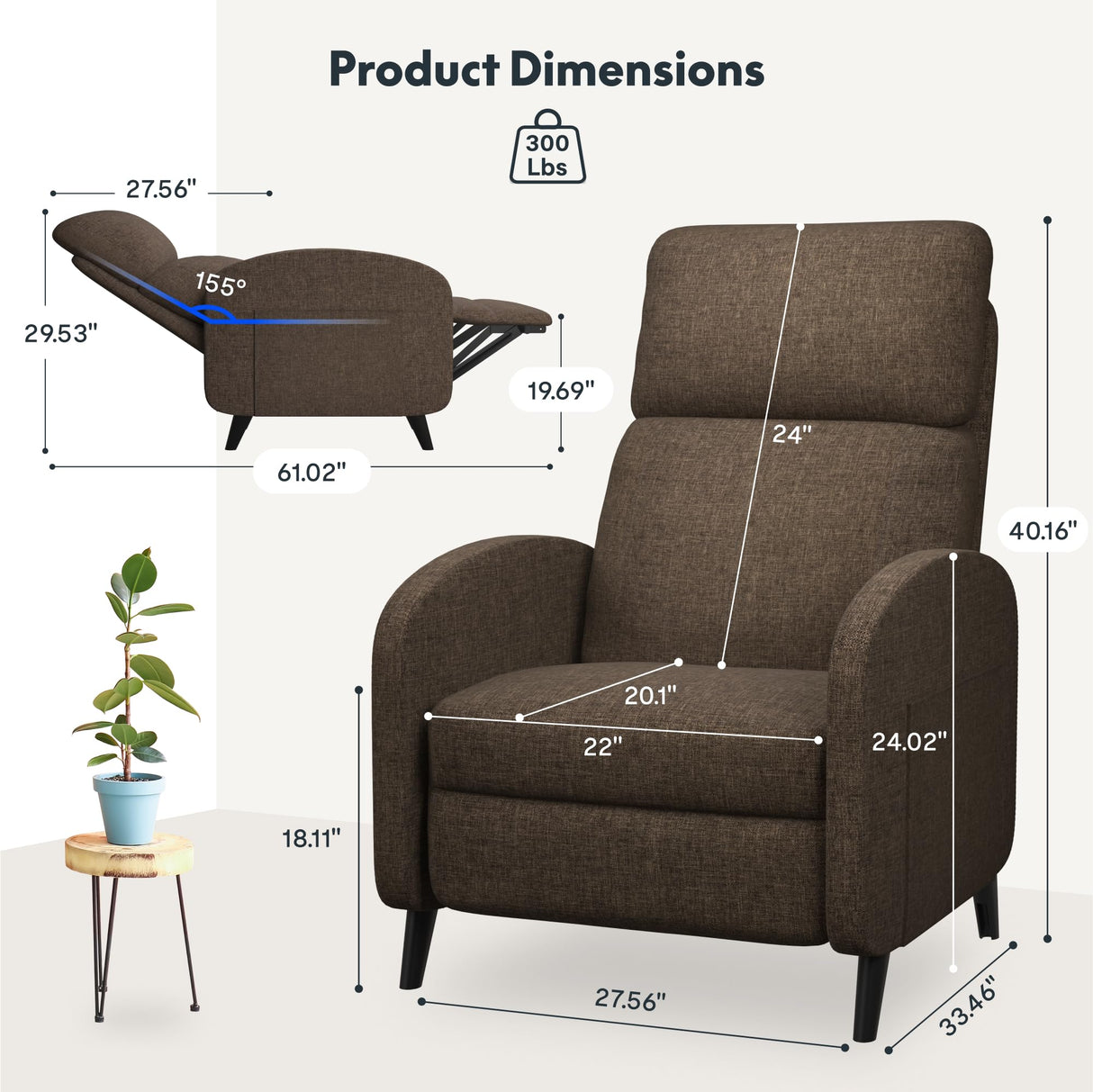 Softa Recliner Chair for Adults, Adjustable Fabric Reclining Armchair with Side Pockets and Extended Footrest, Small Push Back Single Sofa Recliner for Living Room, Home Theater Seating (Brown) Softa
