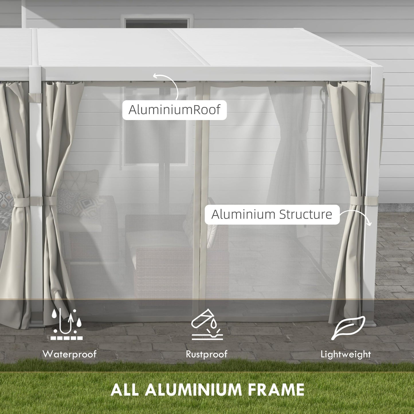 Outsunny 12' x 19' Louvered Pergola Hardtop Gazebo with Adjustable Aluminum Roof and Frame, Outdoor Pergola with Curtains and Netting, for Garden, Lawn, Backyard, and Deck, White - WoodArtSupply