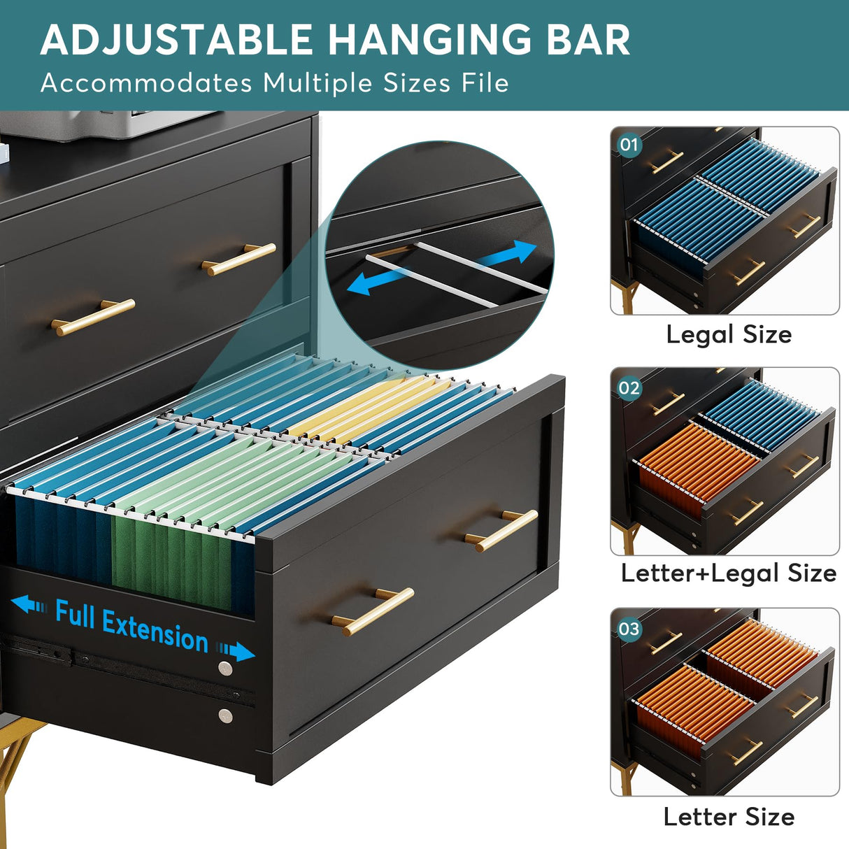 Tribesigns 2 Drawer File Cabinet, Modern Lateral Filing Cabinet for Letter/Legal/A4 Size, Large File Storage Cabinets Printer Stand with Storage for Home, Office, Black/Gold Tribesigns