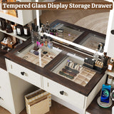 jiteentarou 60" Large Farmhouse Vanity Desk with LED Mirror, Lights and Charging Station, Glass Top Makeup Vanity Table w/8 Drawers, LED Glass Storage Cabinet, Dressing Table for Bedroom, Rustic White jiteentarou