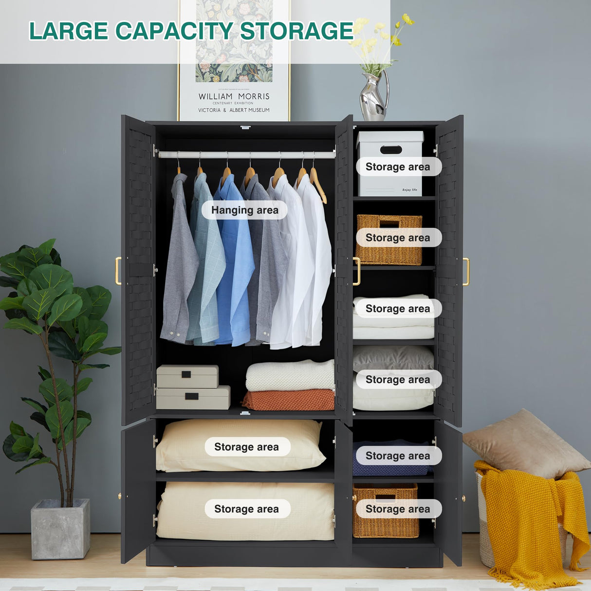 LEVNARY Wardrobe Closet with 6 Woven Doors, Walnut Armoire Wardrobe Cabinet for High Storage Capacity with Adjustable Shelves and Hanging Rail, Freestanding Tall Bedroom Closet (Black) LEVNARY