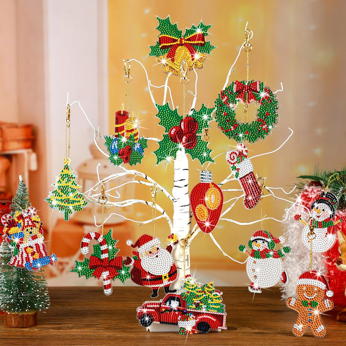 Equsion 14 Pcs Diamond Art Christmas Ornaments Christmas Diamond Painting Keychains Kits 5d DIY Hanging Double Sided Diamond Art Key Ring Painting Key Chain Family Decor Rhinestone Pendant Equsion