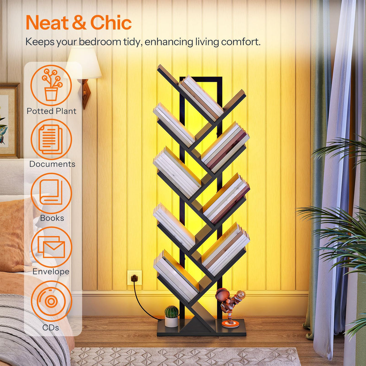 HOOBRO Tree Bookshelf, 9-Tier Bookcase with LED Lights, Space-Saving Book Shelf, Holds Books, CDs, Floor Standing Bookcase for Office, Living Room, Bedroom, Black BB08DSJ01 HOOBRO