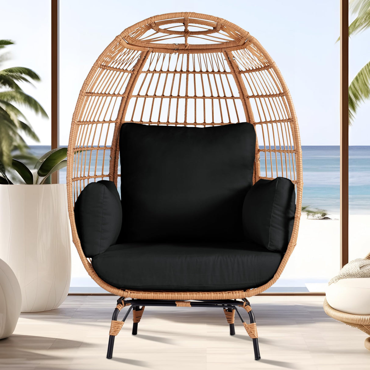 OTSUN Outdoor Egg Chair, PE Wicker Chair with 4 Thicken Cushions, Patio Chairs 440 lbs Capacity, Oversized Balcony Chairs with Durable Steel Frame Perfect for Balcony, Backyard, Bedroom-Dark Black OTSUN