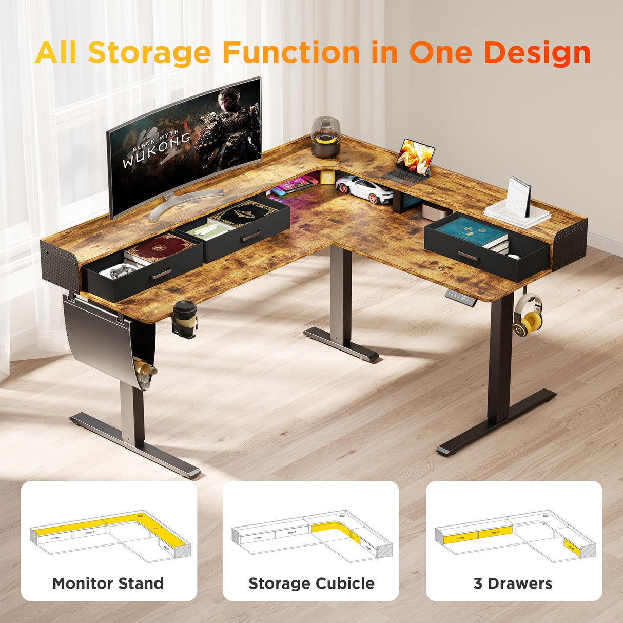 WALKINGDESK 63 Inches Height Adjustable L Shaped Standing Desk with 3 Drawers and Monitor Shelf, Electric Corner Comupter Desk, Sit Stand up Home Office Desk, Ergonomic Gaming Desk, Rustic Brown WALKINGDESK