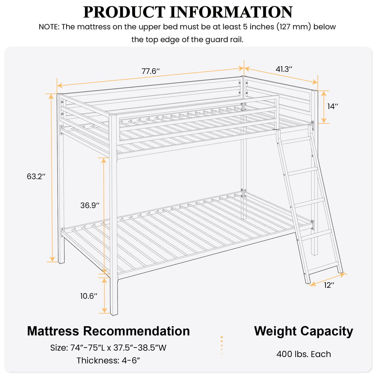 SHA CERLIN Industrial Twin Over Twin Metal Bunk Bed with Inclined Ladder & Guardrails, Black SHA CERLIN