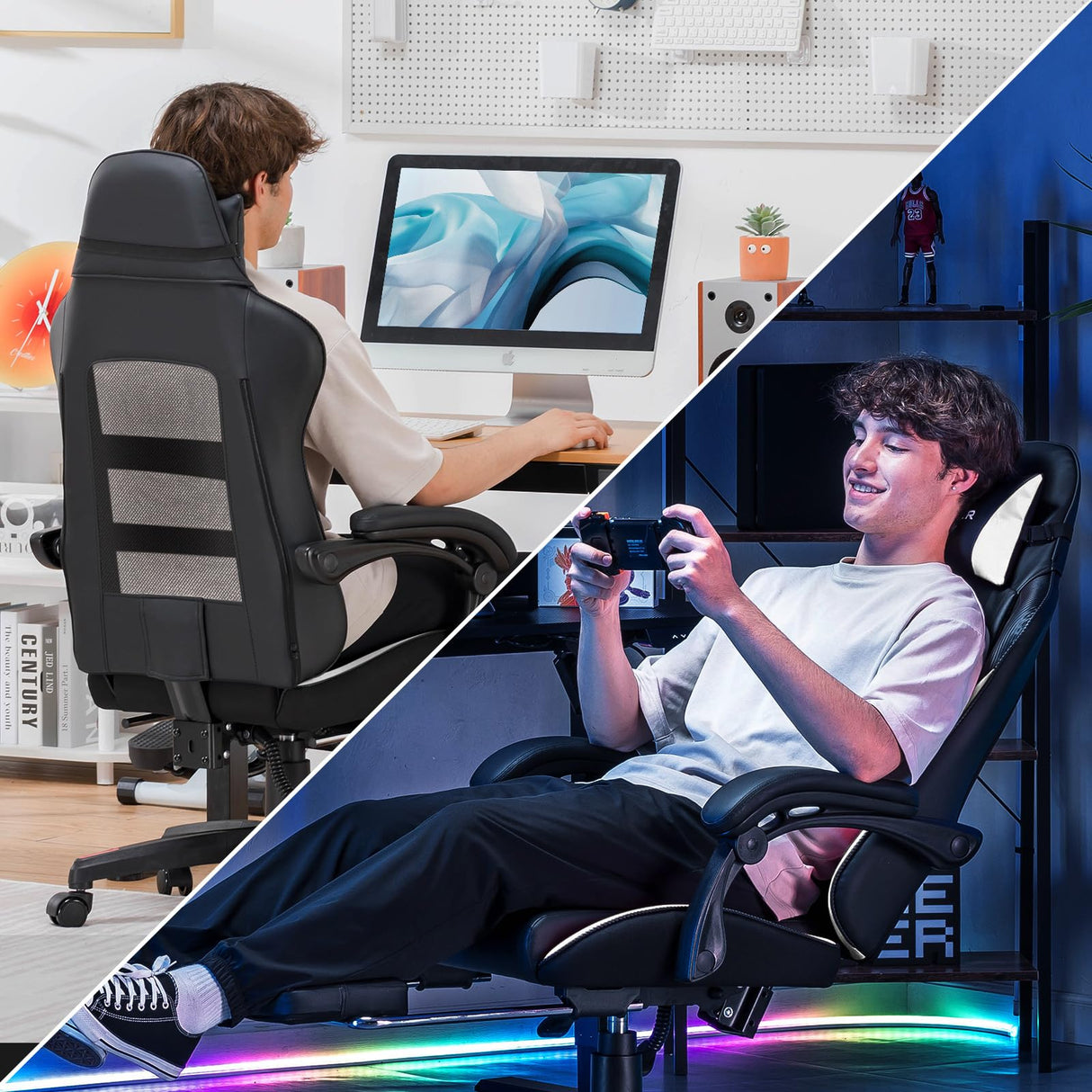 GTPLAYER Gaming Chair, High Back Leather Computer Gaming Chair with Footrest, Ergonomic Height Adjustable Office Chair with Removable Cover and Lumbar Support for Gaming and Work (White) GTPLAYER