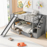 Bellemave Twin Over Twin Bunk Bed with 4 Drawers and Storage Staircase, Wood Bed Frame with Desk and Shelves, Twin Beds with Slide and Full-Length Guardrails for Kid's Room or Dormitory, Gray Bellemave