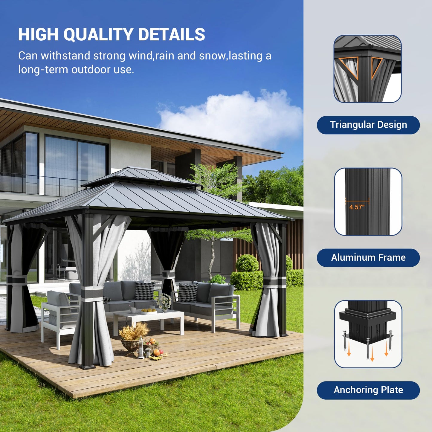 Amopatio 12' X 14' Hardtop Gazebo Permanent Aluminum Gazebos with Galvanized Steel Double Roof for Patio Lawn and Garden,Included Curtains & Mosquito Netting,Grey