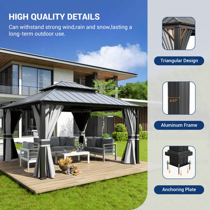 Amopatio 12' X 14' Hardtop Gazebo Permanent Aluminum Gazebos with Galvanized Steel Double Roof for Patio Lawn and Garden,Included Curtains & Mosquito Netting,Grey