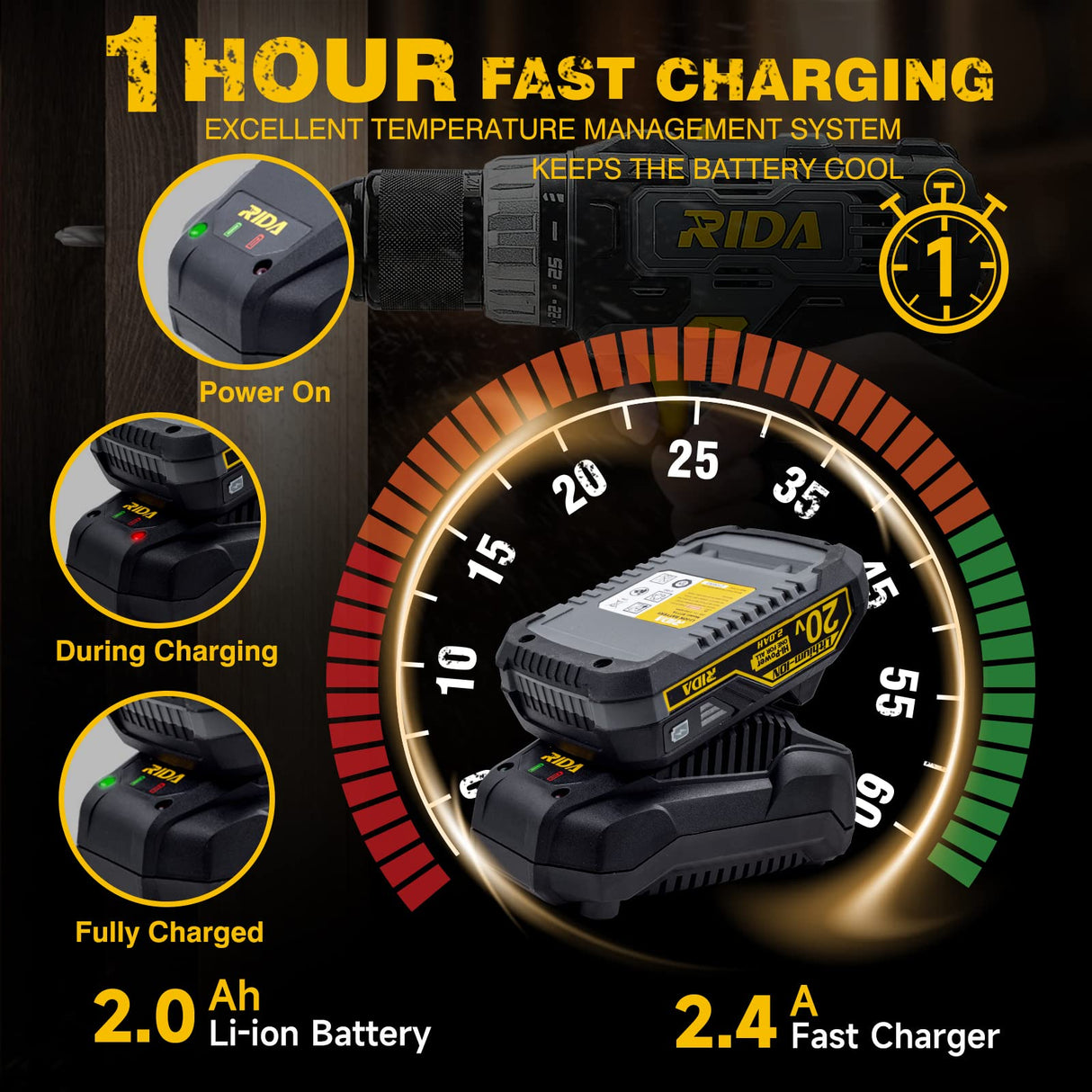 RIDA Cordless Drill Power Drill Cordless 20V 1/2'' Keyless Metal Chuck 355 In-lb(40N.m) Torque with 2.0AH Li-ion Battery & Fast Charger, Variable Speed, 25+1 Position and 22pcs Bits RIDA