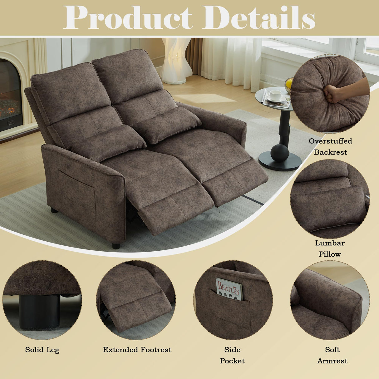 DRMBOOK 52'' RV Loveseat Recliner Sofa, Velvet Fabric Double Camper Couch 2 Seater Recliner, Home Movie Theater Seating Chair, 2 Person Push Back Recliners for Living Room, Brown DRMBOOK