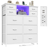 White Dresser for Bedroom with 10 Fabric Drawers,Organizer Unit with LED Light & Charging Station,Sturdy Chest of Drawers with 2 Open Shelves for Hallway,Living Room 11.8"D x 35.4"W x 39.4"H DurayLoly