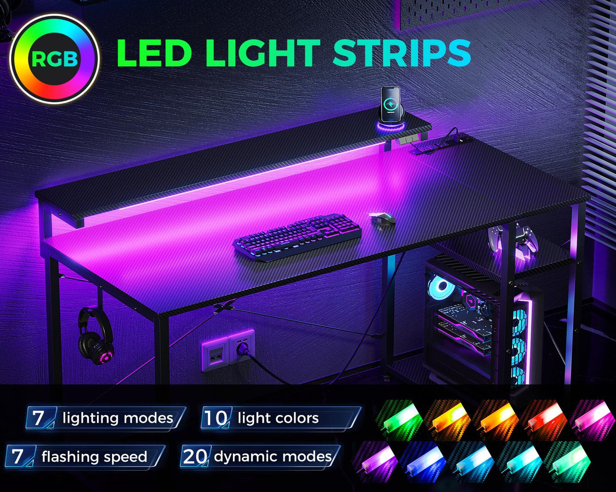 MOTPK Gaming Desk with Led Lights & Power Outlet, 47 Inch Gaming Computer Desk with Shelves, Reversible Gamer Desk Table with Adjustable Monitor Stand & Headphone Hook, Carbon Fiber Texture, Black MOTPK