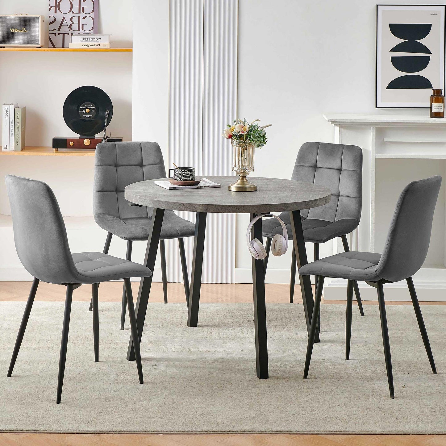 somedream Modern 4-Person Round Dining Table Set, Space-Saving for Kitchen, Living Room, Apartment, includes Dining Table & 4 Grey Chairs,Small Dining Room Set for 4 - WoodArtSupply