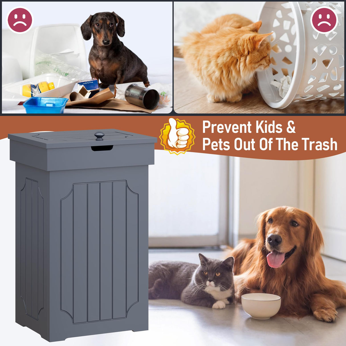 Function Home Trash Can Cabinet, 13 Gallon Kitchen Garbage Can, Wooden Recycling Trash Bin, Freestanding Dog Proof Trash Can, Farmhouse Trash Cabinet with Lid for Home Kitchen Bedroom, Grey Function Home
