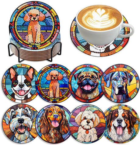 Zythron 8 PCS Dog Diamond Art Coasters Diamond Painting Coasters Kits with Holder Dog DIY Coaster for Beginners, Adults, Diamond Art Crafts Supplies 4x4 in Zythron