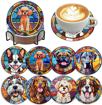Zythron 8 PCS Dog Diamond Art Coasters Diamond Painting Coasters Kits with Holder Dog DIY Coaster for Beginners, Adults, Diamond Art Crafts Supplies 4x4 in