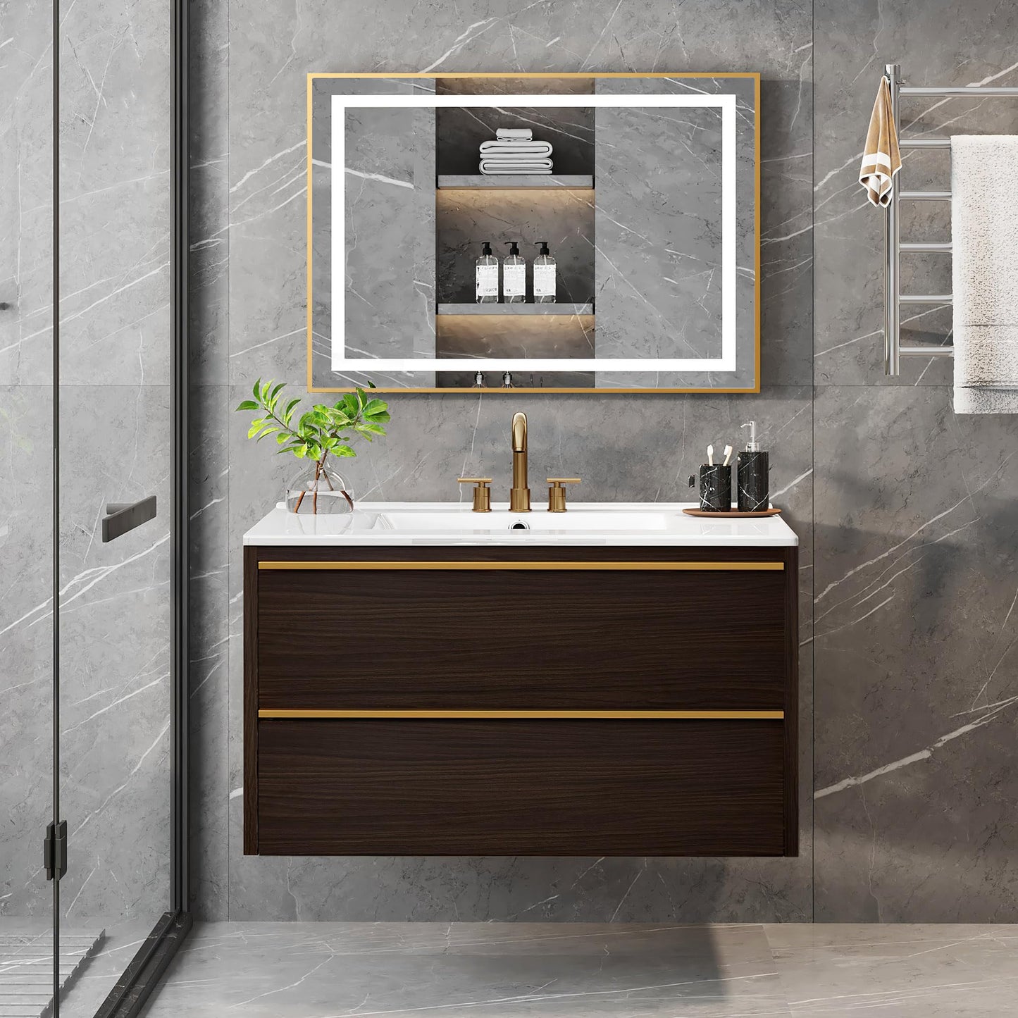 DWVO 32 Inch Bathroom Floating Vanity with Sink Combo, Wall Mount Bathroom Vanity Sintered Stone Countertop & Integrated Sink, Bathroom Cabinet Includes Ceramic Sink with Cabinet, Oak Grey