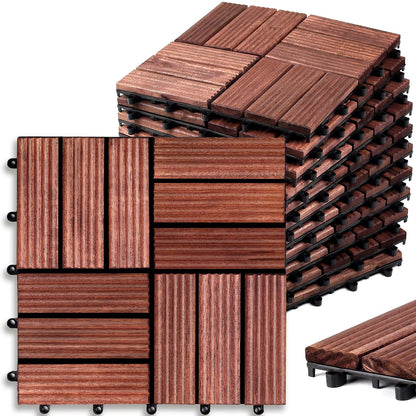 TimberWave Pack of 10 Deck Tiles, Solid Acacia Wood Floor Tiles, Patio Tiles Outdoor Interlocking Waterproof All Weather, with Grooves Decrease Skidding (10, Dark Brown, 12" x 12" - 12 Slat) - WoodArtSupply