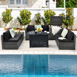Tangkula 9 Pieces Patio Rattan Furniture Set, Patiojoy Sectional Sofa Set w/Storage Box, Coffee Table, Outdoor Wicker Conversation Set w/ 42” ETL Approved Propane Fire Pit Table (Black) Tangkula