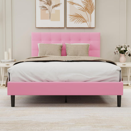 Zoophyter Upholstered Platform Bed Frame Full Size with Button Tufted Velvet Headboard Easy Assembly No Box Spring Needed Pink Zoophyter