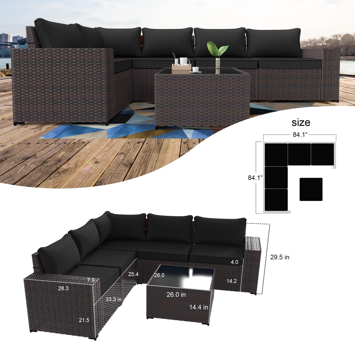 Kullavik 6PCS Outdoor Patio Furniture Set PE Wicker Rattan Sectional Sofa Patio Conversation Sets,Black Kullavik
