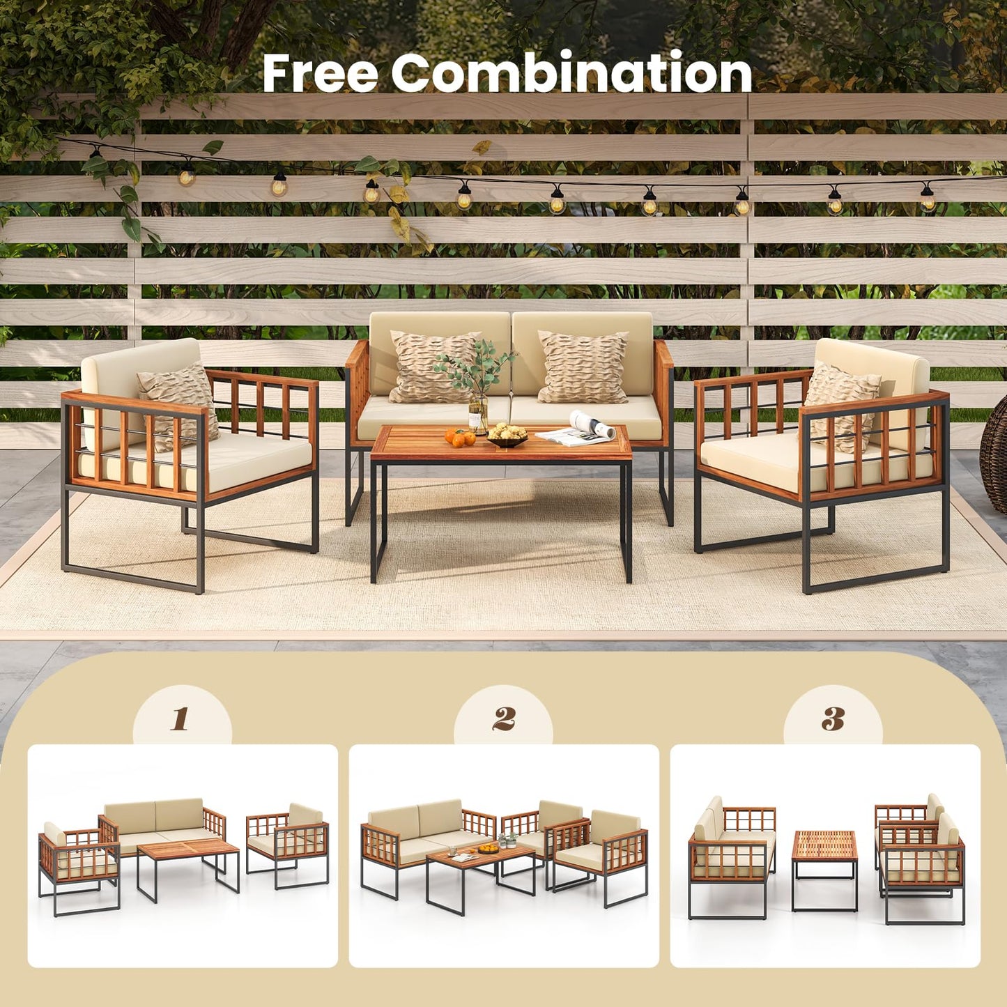 Tangkula Acacia Wood Outdoor Sofa Set, 4 Pieces Outdoor Furniture Set with Heavy Duty Metal Frame, Soft Seat & Back Cushions, for Balcony, Porch, Backyard or Poolside (1, Beige) - WoodArtSupply