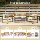 Tangkula Acacia Wood Outdoor Sofa Set, 4 Pieces Outdoor Furniture Set with Heavy Duty Metal Frame, Soft Seat & Back Cushions, for Balcony, Porch, Backyard or Poolside (1, Beige) Tangkula