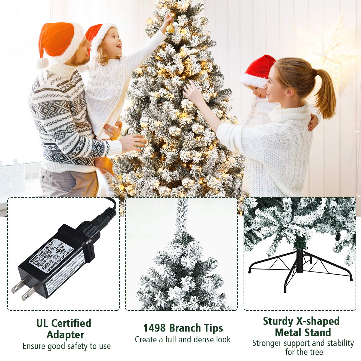 Nightcore 9FT Pre-Lit Artificial Christmas Tree, Snow Flocked Hinged Pine Tree w/ 1498 Branches Tips & 550 LED Lights, Portable Metal Base, Perfect Xmas Decoration for Home Office Party (9 ft Green) WoodArtSupply