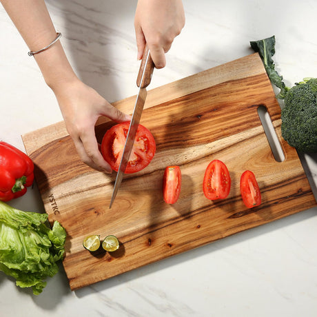 YSTKC Acacia Wood Cutting Board with Hand Grip 15" x 9.7" Inch, Wooden Reversible Chopping Board with Handle for Kitchen Meal Prep Serving, Chopping, YSTKC
