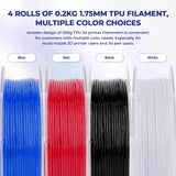 AMOLEN 3D Printer Filament, Flexible TPU Filament Bundle, 1.75mm TPU Filament Multicolor, Soft Filaments of High Elasticity, Supports High Speed, 200gX4 Spools(Black/White/Red/Blue) AMOLEN