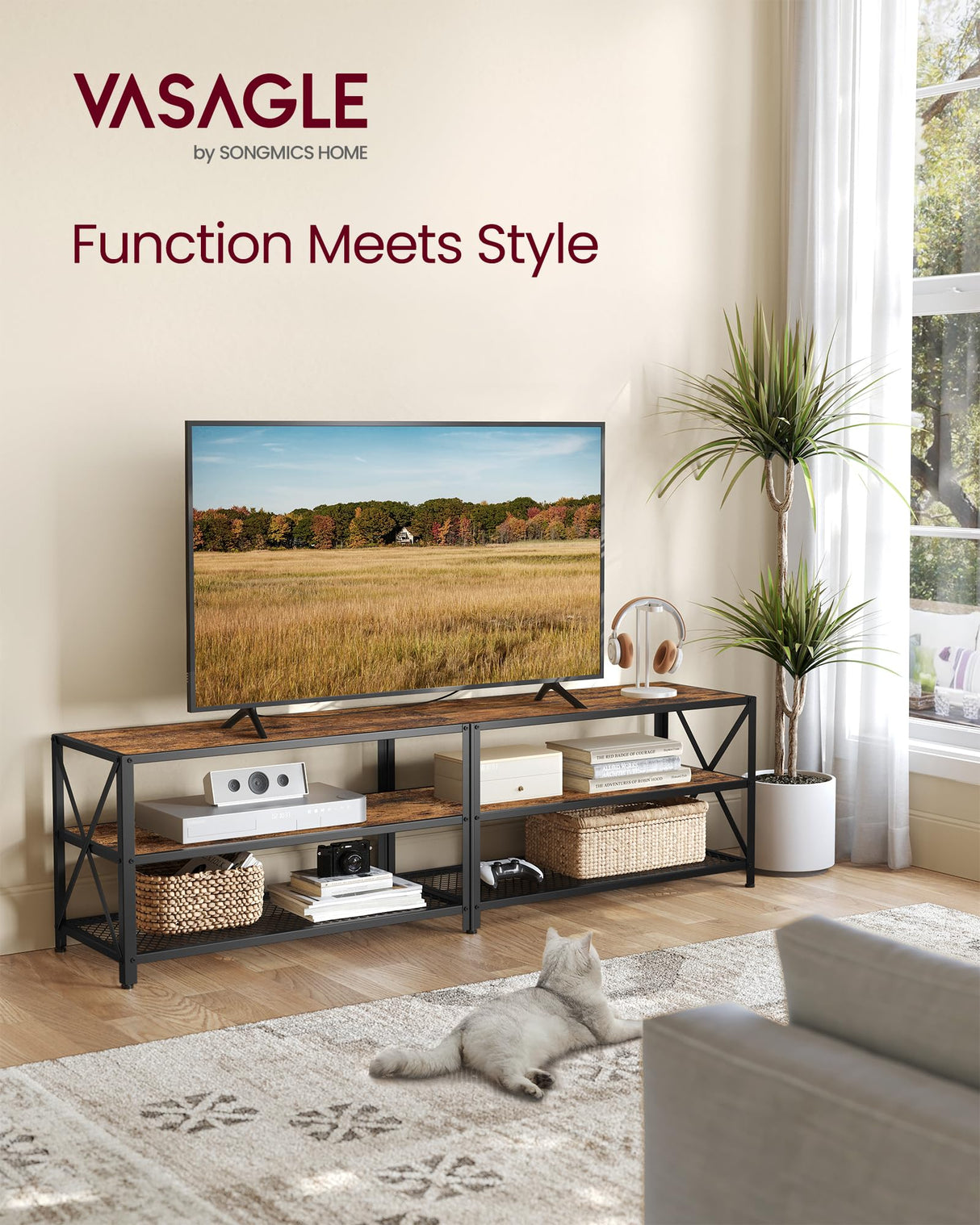 VASAGLE TV Stand, TV Console for TVs Up to 75 Inches, TV Table, 70.1 Inches Width, TV Cabinet with Storage Shelves, Steel Frame, for Living Room, Bedroom, Rustic Brown and Black ULTV096B01V1 VASAGLE