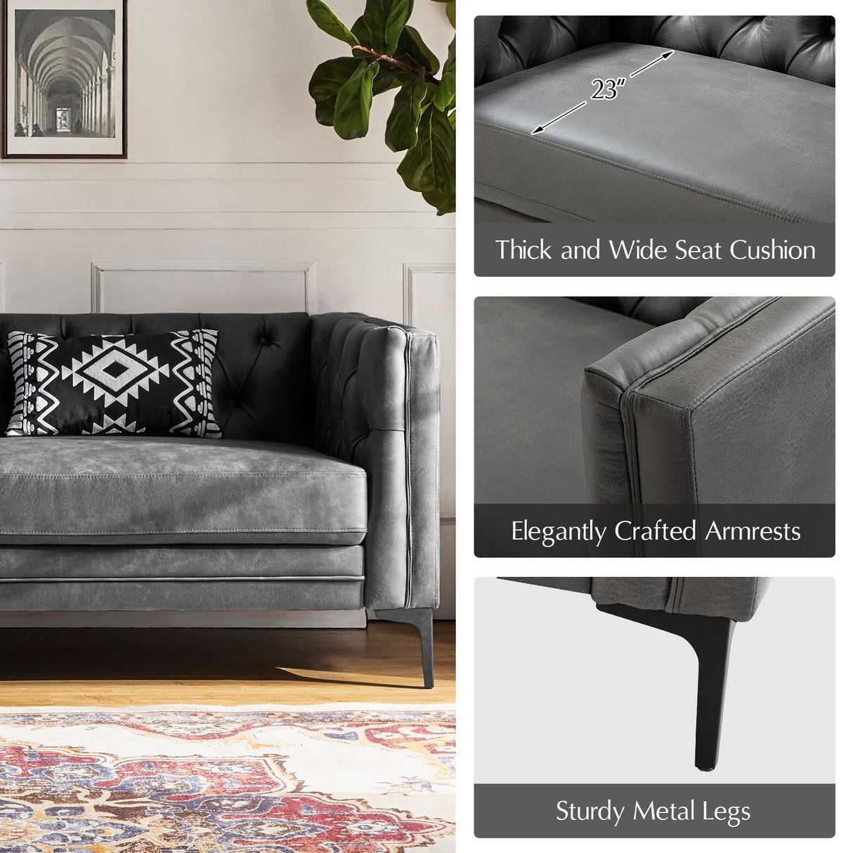 HULALA HOME 84" W Faux Leather Sofa Couch with Metal Legs, Button-Tufted 3-Seater Sofa, Mid Century Modern Contemporary Upholstered Couch for Living Room, Entertainment Area, Apartment,Grey HULALA HOME