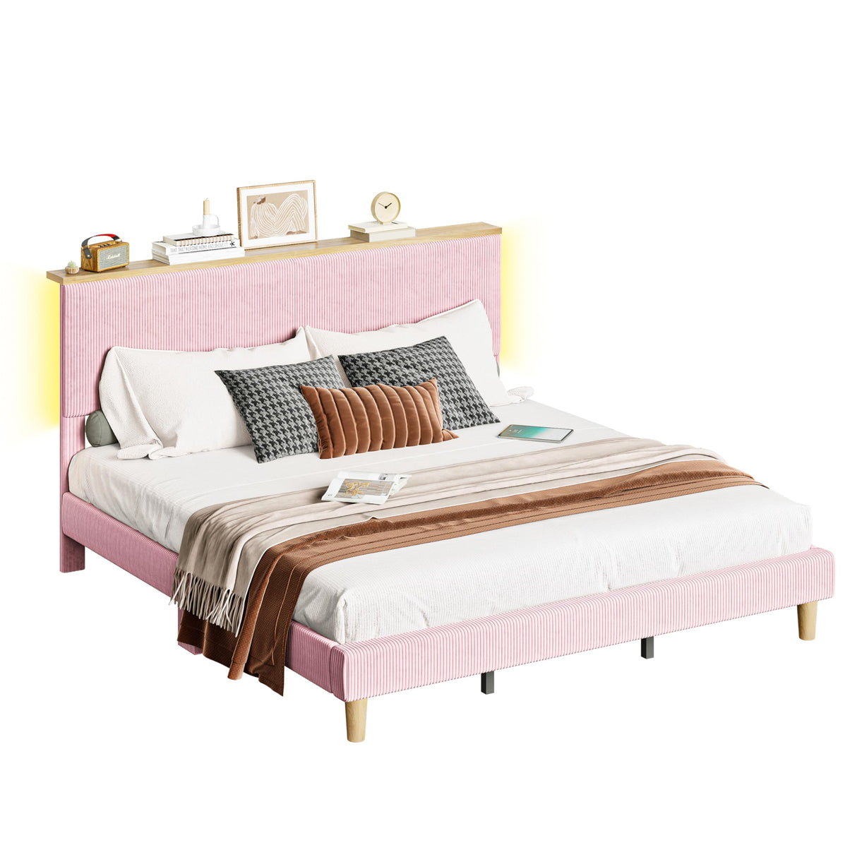 Bestier King Corduroy Upholstered Bed Frame with Adjustable Vertical Channel Headboard, LED Platform Bed with Storage Shelf, Solid Wood Leg & Slat Support, No Box Spring Needed, Never Squeaks, Pink Bestier