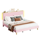Bestier King Corduroy Upholstered Bed Frame with Adjustable Vertical Channel Headboard, LED Platform Bed with Storage Shelf, Solid Wood Leg & Slat Support, No Box Spring Needed, Never Squeaks, Pink Bestier