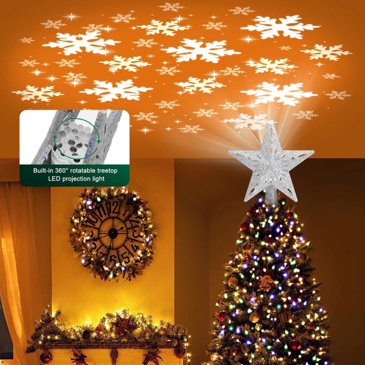 Kesfitt Christmas Tree Topper Lighted with 6 Projection Modes,Christmas Star Tree Topper Built-in LED Rotating Lights,Silver 3D Glitter Dynamic Projection for Xmas Party Holiday Decorations