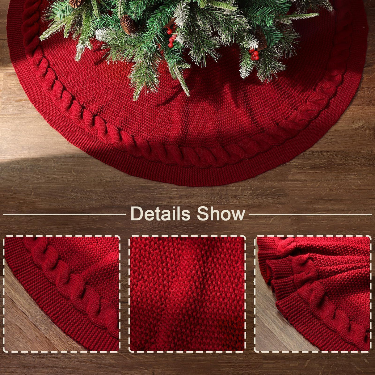 LimBridge Knitted Christmas Tree Skirt: 48 Inches Wine Red Tree Skirt, Chunky Cable Knit Thick Rustic Christmas Tree Decorations, Farmhouse Christmas Decor Xmas Holiday Home Party Decorations LimBridge