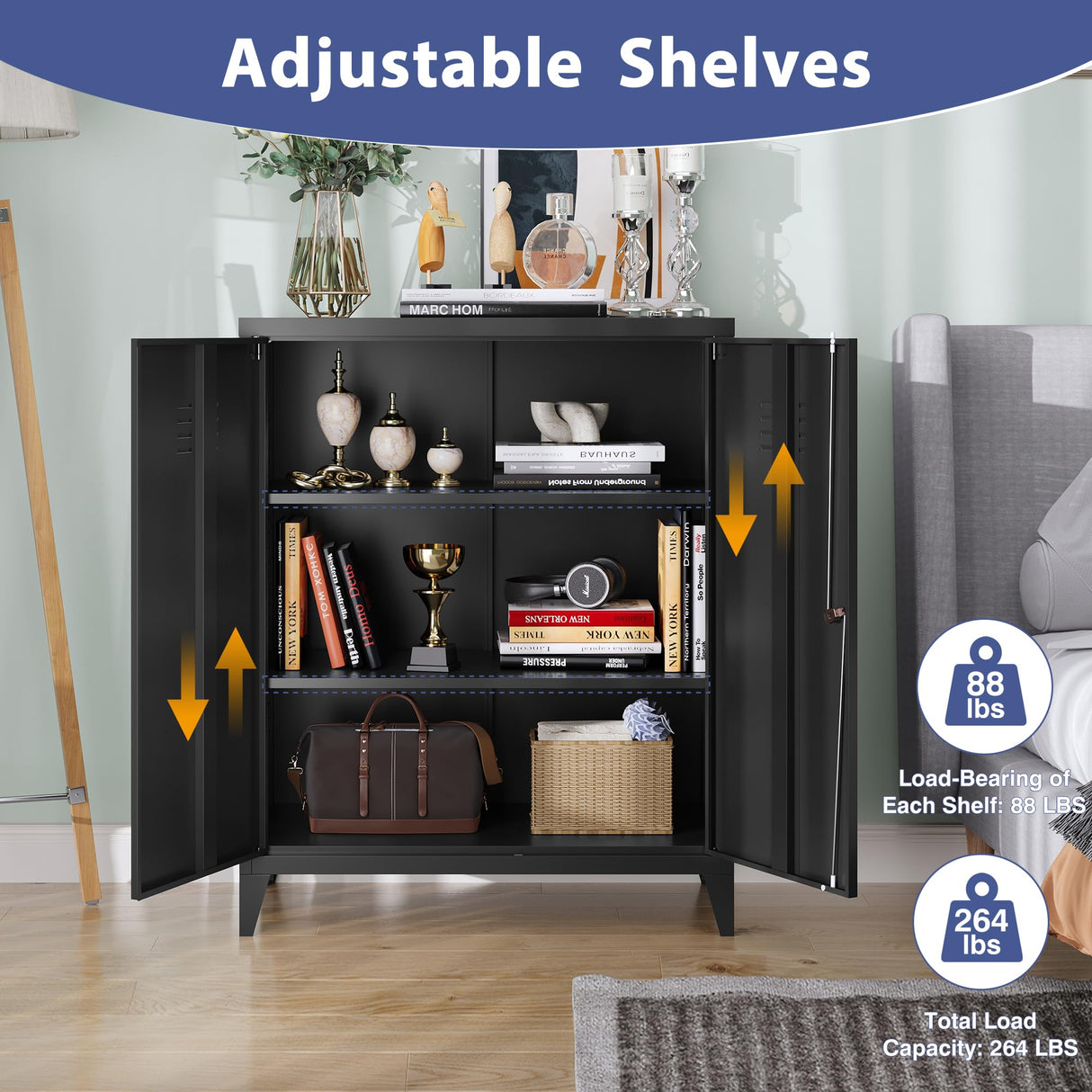 LISSIMO Metal Storage Cabinet,Home Office Cabinet with Doors and Adjustable Shelves,Locking Cabinet with Adjustabl Leg Levelers Assembly Required(Black) LISSIMO