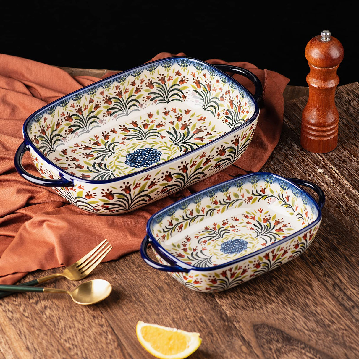 ONECCI Ceramic Rectangular Baking Dishes - 2pc Blue Casserole Set for Oven, Lasagna Pans ONECCI