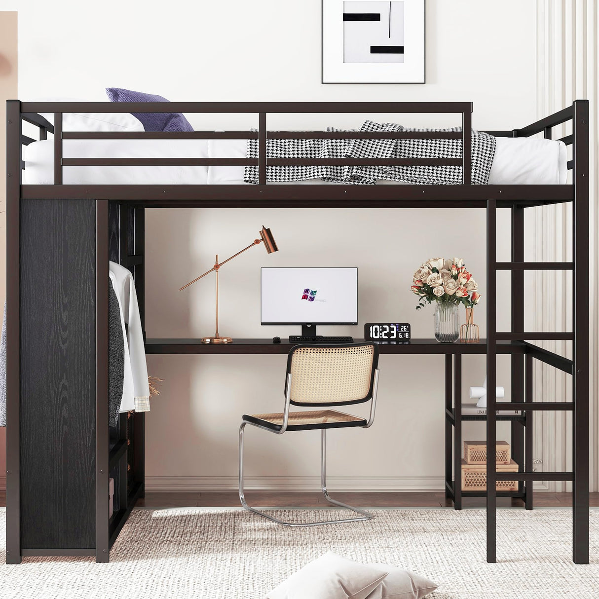 Bellemave Queen Loft Bed with Desk & Wardrobe, Heavy Duty Metal Loft Beds with Storage Shelves, Space Saving Loft Bed Queen Size with Safety Guard, Black Bellemave
