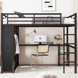 Bellemave Queen Loft Bed with Desk & Wardrobe, Heavy Duty Metal Loft Beds with Storage Shelves, Space Saving Loft Bed Queen Size with Safety Guard, Black Bellemave