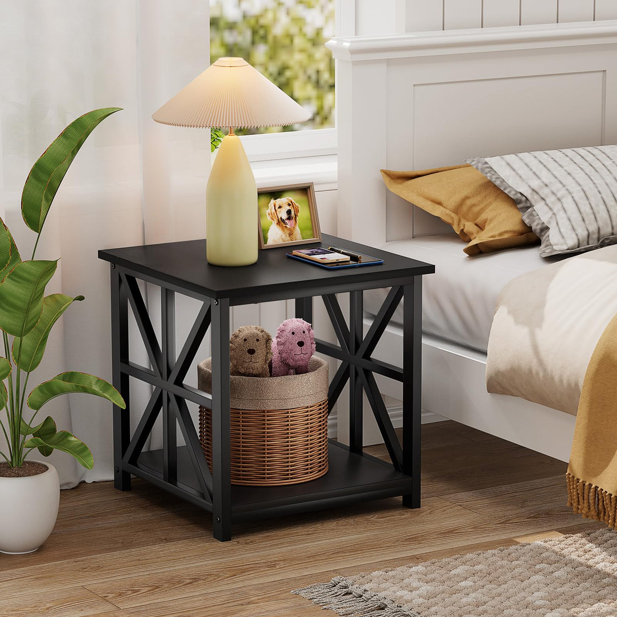 GreenForest End Table with 2-Tier Storage Shelf, 24 inch Side Table for Living Room, Modern Nightstand for Bedroom Bedside Office Farmhouse, Black GreenForest