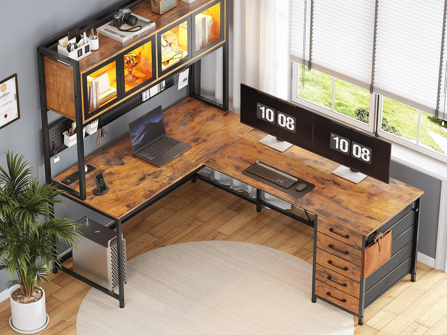 SEDETA L Shaped Gaming Desk with Drawers, L Shaped Computer Desk with Hutch and Storage Shelves, Gaming Desk with Pegboard, Led Lights, and Power Outlet, Home Office Desk, Corner Desk, Rustic Brown