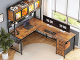 SEDETA L Shaped Gaming Desk with Drawers, L Shaped Computer Desk with Hutch and Storage Shelves, Gaming Desk with Pegboard, Led Lights, and Power Outlet, Home Office Desk, Corner Desk, Rustic Brown SEDETA