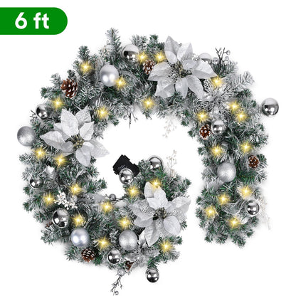 Christmas Garland with LED Lights, Battery Operated, Artificial Christmas Garland Silver Flower and Ball Ornaments Decorations for Christmas Decorations and Holiday Mantle Decor, 6FT