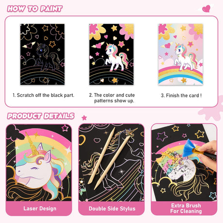 Unicor Scratch Art Kit for Kids - 30 Pcs Magic Scratch Off Paper for Girls Unicorn Mermaid Theme Art Supplies Colorful Drawing Art Craft with Wooden Stylus Kids Activities Party Birthday Gift WERNNSAI